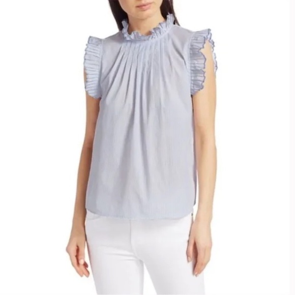 Frame Raw Edge Ruffle Trim Sleeveless Pinstripe Top Light Blue Size M - Picture 1 of 14